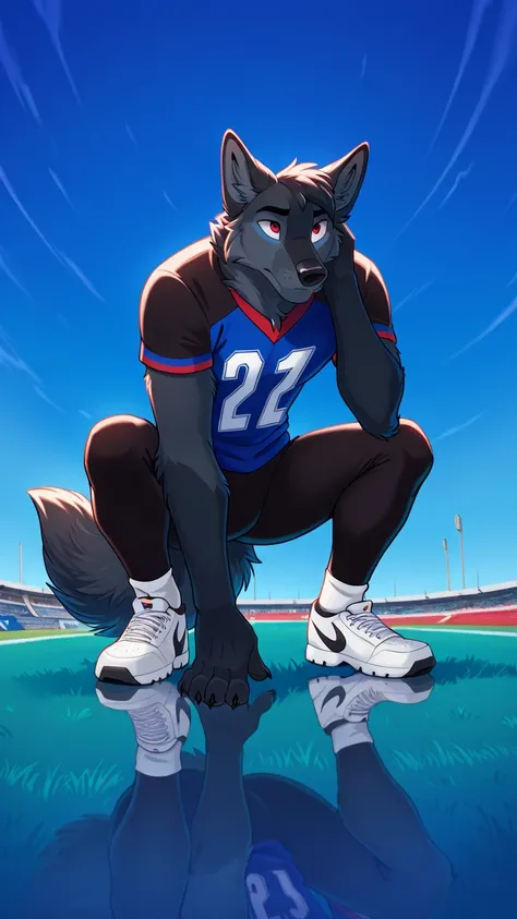 american football stadium background, Eye blue, Reflections, full body, antropomorfico, Adult Wolf, without humans, by ango76 , Masterpiece, better quality,very aesthetic, newest, anthropoid, mammal, a boy, Clothes, Alone, byry, byry Macho, macho fo...