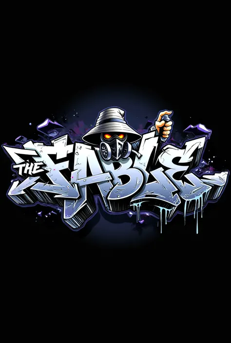  GRFTI digital graffiti art  ,  panoramic view of  "THE FABLE" Bold,   to add 3D effects  ,  backgrounds are dynamic ,  for、 splashes of spray paint are dripping  .   A character wearing a black and silver hat and gas mask is holding a spray can.  フィギュアfor...