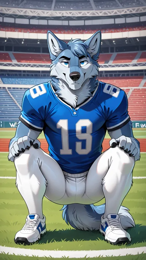 american football stadium background, blue eye, Reflections,  full body, Anthropomorphic, Adult Wolf, without humans,   by ango76 ,    Masterpiece, better quality,very aesthetic, newest,  anthropoid, mammal, a child, Clothes, Alone, Porry , Porry  Macho , ...