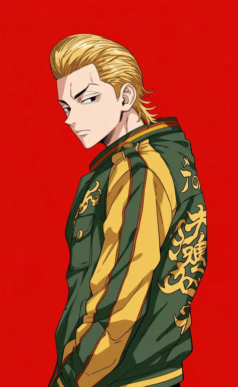 1male,solo,blond hair,short hair,pompadour haircut,black eyes,gren sukajan jacket,Tokyo Revengers Style