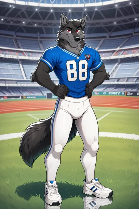 American football stadium background, blue eye, Reflections, full body, Anthropomorphic, Adult Wolf, without humans, by ango76 , Masterpiece, better quality,very aesthetic, newest, anthropoid, mammal, a child, Clothes, Alone, Porry , Porry Macho , ...