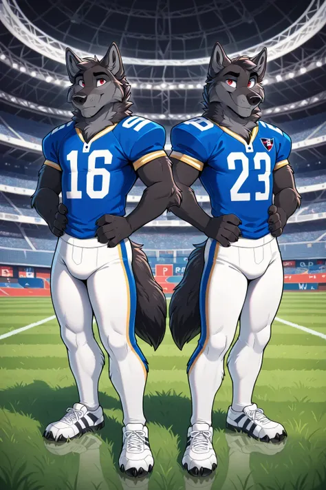 American football stadium background, blue eye, Reflections, full body, Anthropomorphic, Adult Wolf, without humans, by ango76 , Masterpiece, better quality,very aesthetic, newest, anthropoid, mammal, a child, Clothes, Alone, Porry , Porry Macho , ...