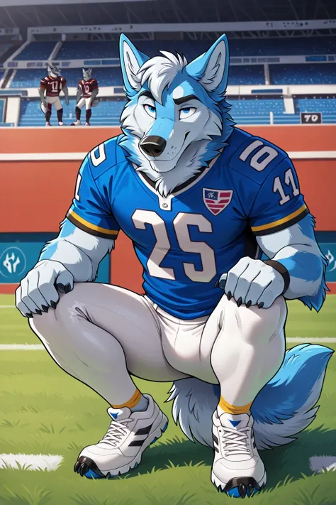 american football stadium background, blue eye, Reflections,  full body, Anthropomorphic, Adult Wolf, without humans,   by ango76 ,    Masterpiece, better quality,very aesthetic, newest,  anthropoid, mammal, a child, Clothes, Alone, Porry , Porry  Macho , ...