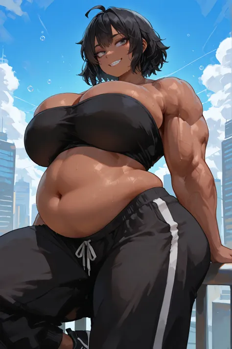 Anime, symmetrical face, solo, {{{face focus}}}, 1girl, city background, intricately detailed, sanpaku, grey eyes, long eyelashes, black hair, short hair, ahoge, wavy hair, relaxed expression, {{{brown skin}}}, muscular body, tall female, muscular female, ...