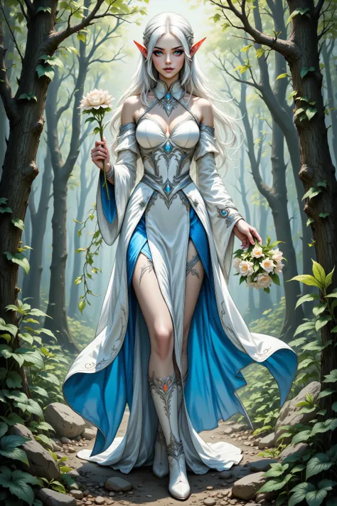 a picture of a female elf (intense details, Masterpiece, best quality), wearing white and azure skirt with leaves entwined on the dress, wearing shirt, wines entwined in the dress,  metallic shine, bright clothes,  an ultra wide shot, full body (intense de...