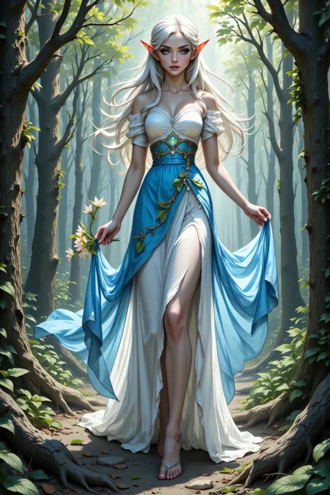 a picture of a female elf (intense details, Masterpiece, best quality), wearing white and azure skirt with leaves entwined on the dress, wearing shirt, wines entwined in the dress,  metallic shine, bright clothes,  an ultra wide shot, full body (intense de...