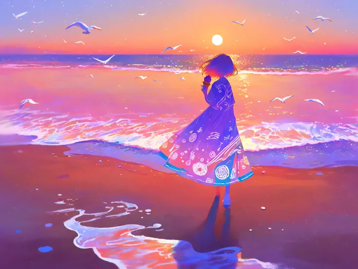 A scene of a girl walking down a small path by the seaside at dusk. She wears a light, fluttering skirt with designs of waves and a starry sky. She holds an ice cream cone in one hand, and her hair is gently tousled by the wind. The sky transitions from or...