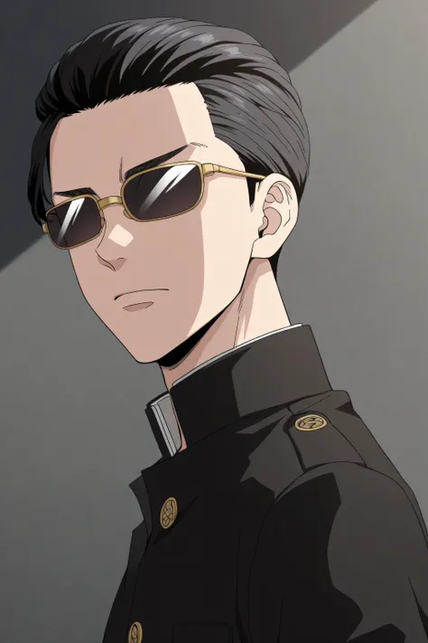 1male,solo,black hair,short hair,slicked back hair,not eyes,sunglasses,black gakuran,Tokyo Revengers Style