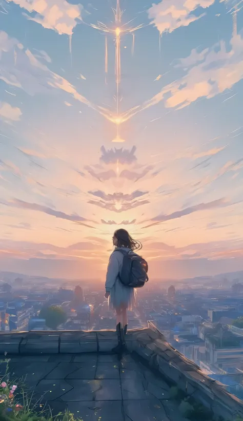 A lonely young woman stands on a rooftop at dawn, looking out at a quiet city. The pale pink-gray sky is filled with sadness and uncertainty, a sense of being unnoticed in the vast world. Minimalist composition, soft shadows and solitude.