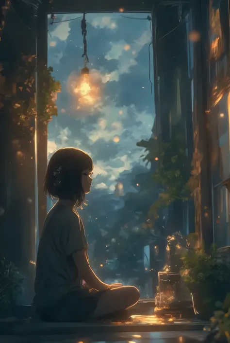 Prompt:
A person sitting alone in a dimly lit room, with soft light coming from a nearby window. A small glowing cloud hovers near their head, symbolizing a faint thought or inner voice. Quiet, contemplative mood. Slight surrealism.
