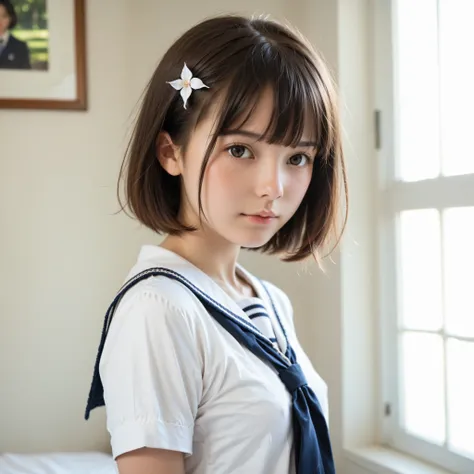 score_9, score_8_ Up the Side, score_7_ Up the Side,n current ,( photo realistic:1.5),cute girl, , sunlight,  face, school uniform, short hair, small breasts,skinny,slender,short,slender body,younger,かわいいyounger女の子,Narrow Shoulders, realistic, Japanese