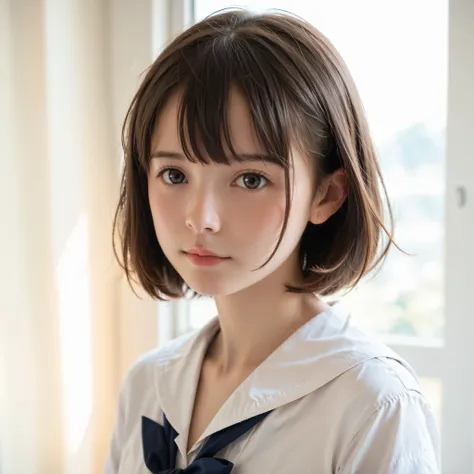 score_9, score_8_ Up the Side, score_7_ Up the Side,n current ,( photo realistic:1.5),cute girl, , sunlight,  face, school uniform, short hair, small breasts,skinny,slender,short,slender body,younger,かわいいyounger女の子,Narrow Shoulders, realistic, Japanese