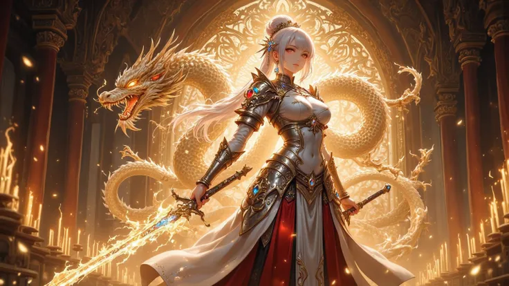 combined with vivid blue and red gems,emits a faint glow luminous {x} with a magical and otherworldly quality,Capture the imagination of the viewer {x} Warrior wearing ornate and intricate armor stands confidently against a background of glowing ghostly li...