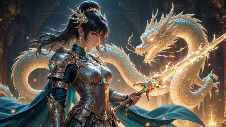 combined with vivid blue and red gems,emits a faint glow luminous {x} with a magical and otherworldly quality,Capture the imagination of the viewer {x} Warrior wearing ornate and intricate armor stands confidently against a background of glowing ghostly li...