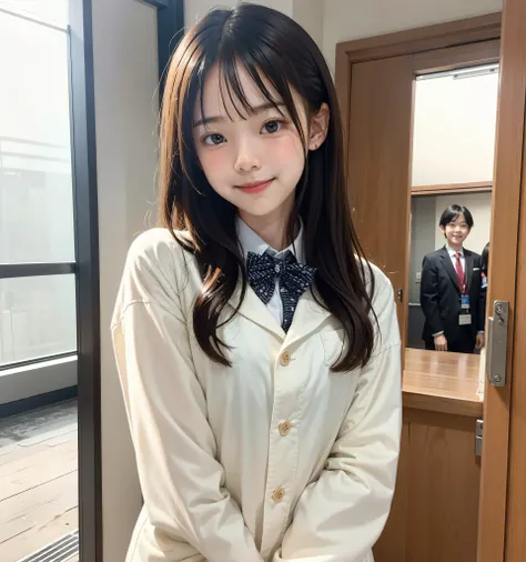 S, Please line up before quietly entering the classroom, elementary school student, girls,cute, masterpiece, details,smile
