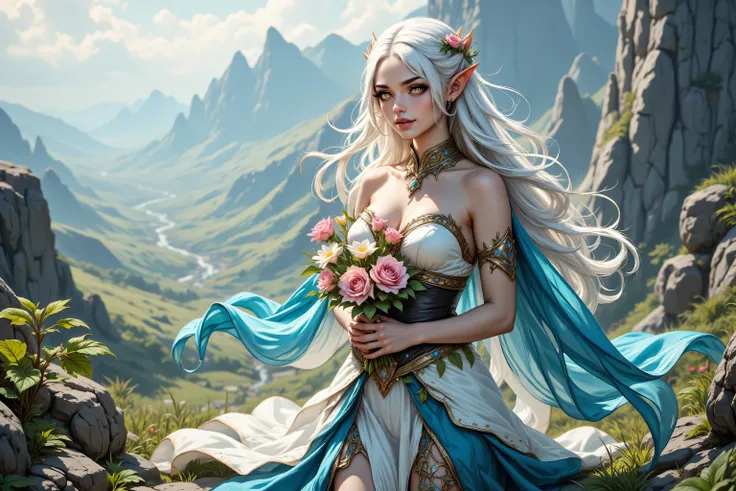 a picture of a female elf on a mountain top high noon, wearing white and azure skirt with leaves entwined on the dress, wearing shirt, wines entwined in the dress,  metallic shine, bright clothes,  an ultra wide shot, full body (intense details, Masterpiec...
