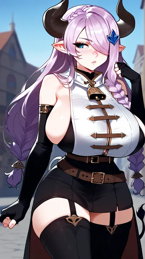 defNmya, horns, pointy ears, braid, lavender hair, long hair, blue eyes, hair over one eye, hair ornament, tangzhuang, sleeveless, black skirt, belt, elbow gloves, asymmetrical gloves, fingerless gloves, single thighhigh, black thighhighs, huge breasts, bo...