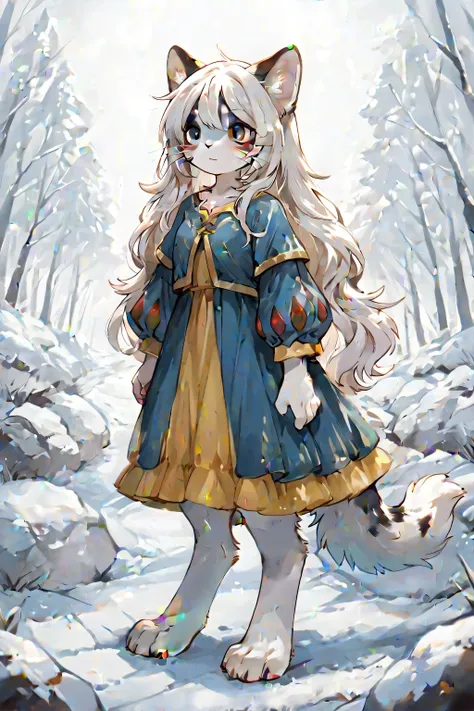 full body, wide shot,bir sokakata, girl, cat ear, cat whiskers ,no human ears, cat tail, cat muzle, furry, fluffy fur, digitigrade leg,long hair,paw(feet), snow White hair and fur.