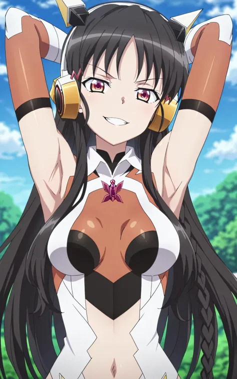 masterpiece, best quality, amazing quality, anime screencap, anime coloring, blurry background, 1girl, solo, suzune horikita, horikita suzune, long hair, black hair, red eyes, braid, medium breasts, hibikigeargx, headgear, headphones, hairclip, leotard, na...