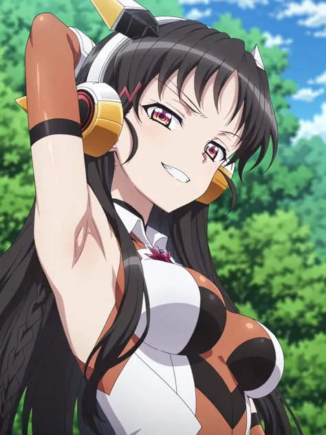 masterpiece, best quality, amazing quality, anime screencap, anime coloring, blurry background, 1girl, solo, suzune horikita, horikita suzune, long hair, black hair, red eyes, braid, medium breasts, hibikigeargx, headgear, headphones, hairclip, leotard, sy...
