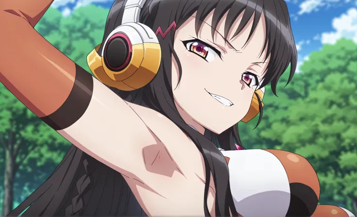 masterpiece, best quality, amazing quality, anime screencap, anime coloring, blurry background, 1girl, solo, suzune horikita, horikita suzune, long hair, black hair, red eyes, braid, medium breasts, hibikigeargx, symphogear pendant, headgear, headphones, h...