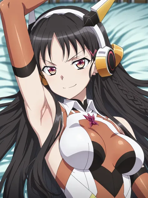 masterpiece, best quality, amazing quality, anime screencap, anime coloring, blurry background, 1girl, solo, suzune horikita, horikita suzune, long hair, black hair, red eyes, braid, medium breasts, hibikigeargx, symphogear pendant, headgear, headphones, h...