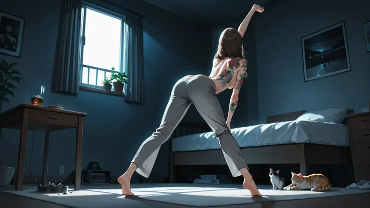 semi-realistic,top quality,A room on the 2nd floor of an apartment where the morning sun shines in,(dark room:1.4),(Backlight:1.3),Dilapidated apartment,(A simply furnished room,underwear and clothes and magazines scattered on the floor),Single pipe bed,ki...