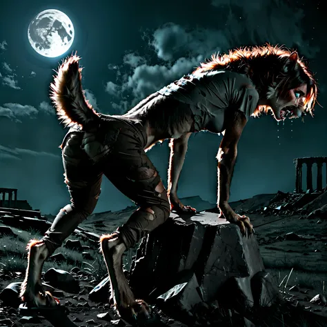 Female, view from back, morfing into werewolf, [female: wolf:0.7], [face: snout:0.7], human:0.7, leaning on rock, leaning forward, torn grey t-shirt, torn brown pants, torn black shoes, toes through, beautiful face, brown hairs, blue eyes, paws, tiny tail,...