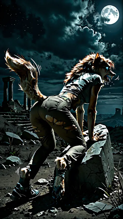 Female, view from back, morfing into werewolf, [female: wolf:0.7], [face: snout:0.7], human:0.7, leaning on rock, leaning forward, torn grey t-shirt, torn brown pants, torn black shoes, torn socks, toes through, beautiful face, brown hairs, blue eyes, paws...