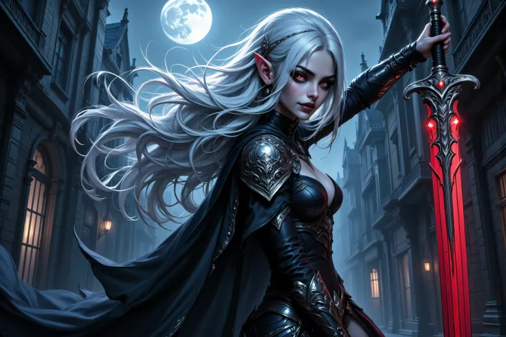 zavy-ctcmcs,w1n,hyp3rd3tail style,fangs,a picture of a female elf vampire(intense details, Masterpiece, best quality), armed with a sword, metallic shine, dark clothes, dynamic clothing, an ultra wide shot, full body (intense details, Masterpiece, best qua...