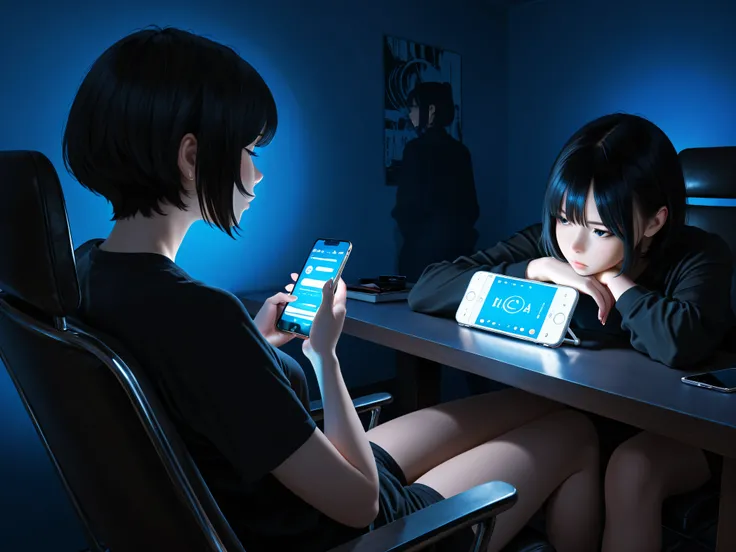 girls,black hair,short hair,Gal, buka buka shirt ,black clothes,Indoor,dark atmosphere,mobile phone,Blue Light,sitting on a chair,relaxing,High Quality,Realistic,4K rendering,professional,concept art,digital painting,Intense colors,dark tone,deep focus