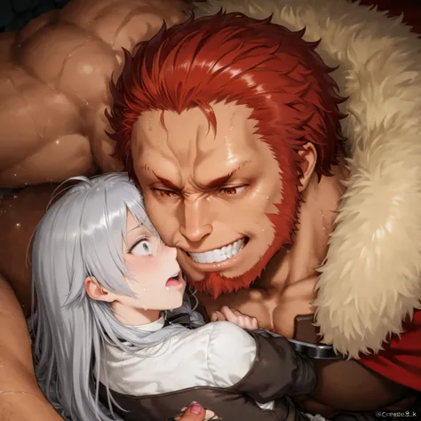 (Mushoku Tensei) Zenith Greyrat is raped by Iskandar, her clothes are torn because of fear and shock,gnashing his teeth from the painful face, Create an 8k ultra-realistic scene