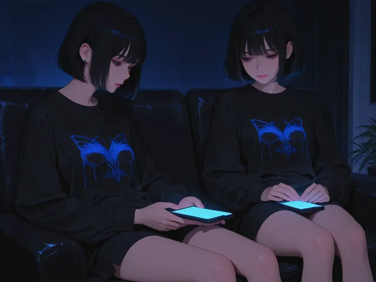 girls,black hair,short hair,Gal, buka buka shirt ,black clothes,Indoor,dark atmosphere,mobile phone,Blue Light,sitting on a chair,relaxing,High Quality,Realistic,4K rendering,professional,concept art,digital painting,Intense colors,dark tone,deep focus