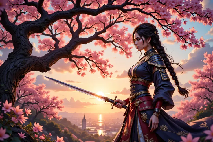 zavy-ctcmcs,w1n,hyp3rd3tail style, a woman samurai under the cherry tree at sunset, beautiful woman samurai, she holds an epic katana blade, the blade reflects light, ultra feminine, long hair, braided hair, dynamic hair color, an epic cherry tree, many br...