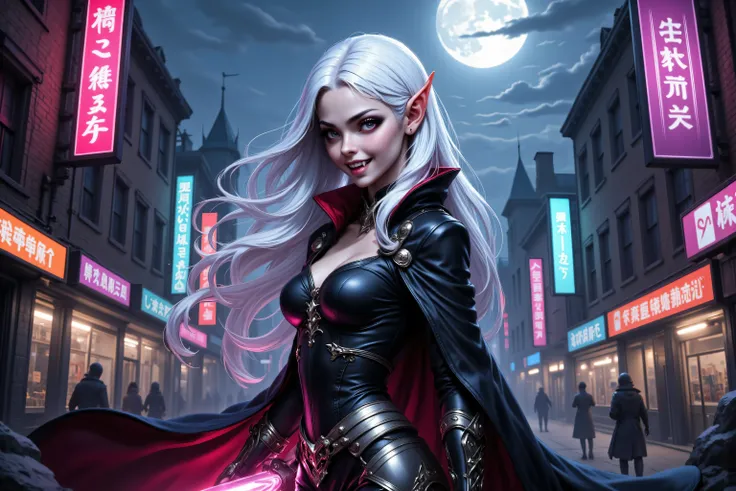 zavy-ctcmcs,w1n,hyp3rd3tail style,fangs,a picture of a female elf vampire(intense details, Masterpiece, best quality), armed with a sword, metallic shine, dark clothes, dynamic clothing, an ultra wide shot, full body (intense details, Masterpiece, best qua...