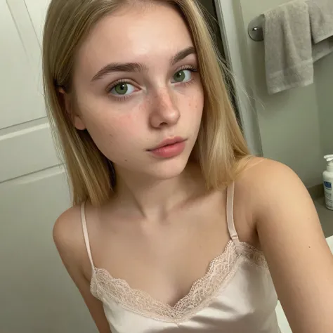 Generate a mirror selfie in bathroom photo of a young female subject. She is approximately 18 years old, with straight light-colored hair, green eyes, full lips, and faint freckles on her cheeks and nose. Her facial expression is sultry stare, showing a co...