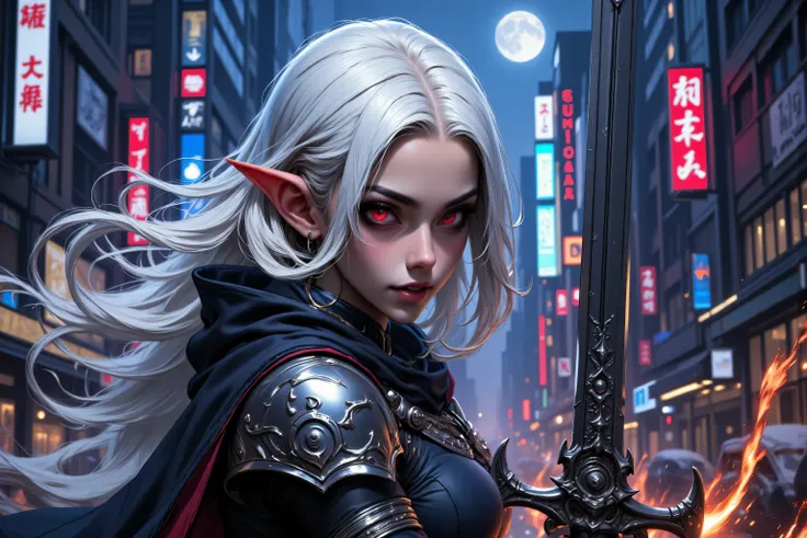 zavy-ctcmcs,w1n,hyp3rd3tail style,fangs,a picture of a female elf vampire(intense details, Masterpiece, best quality), armed with a sword, metallic shine, dark clothes, dynamic clothing, an ultra wide shot, full body (intense details, Masterpiece, best qua...