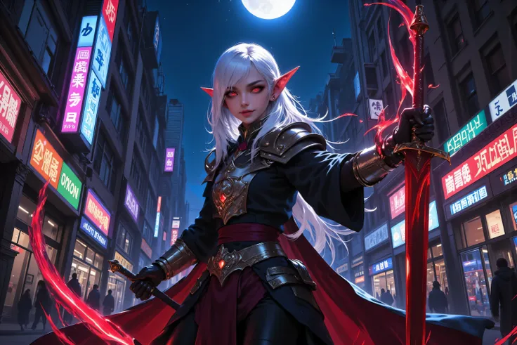 zavy-ctcmcs,w1n,hyp3rd3tail style,fangs,a picture of a female elf vampire(intense details, Masterpiece, best quality), armed with a sword, metallic shine, dark clothes, dynamic clothing, an ultra wide shot, full body (intense details, Masterpiece, best qua...