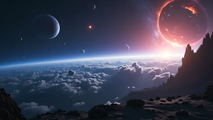 sw01p_flux,A vast cosmic landscape, with distant stars, nebula clouds in vibrant colors, a glowing galaxy core on the horizon, planets of different sizes in the sky, asteroid belts floating gently, cosmic dust, surreal lighting, high contrast, cinematic at...
