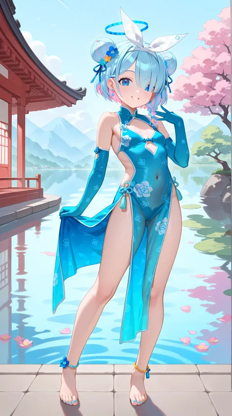 1girl,arona \(blue archive\),,colored inner hair,blue hair,pink hair,braid,short hair,blue eyes,hair over one eye,seductive smile,parted lips,barefoot, crossed_legs,see-through dress, backless dress, blue chinese clothes,sleeveless,revealing-clothes,white ...