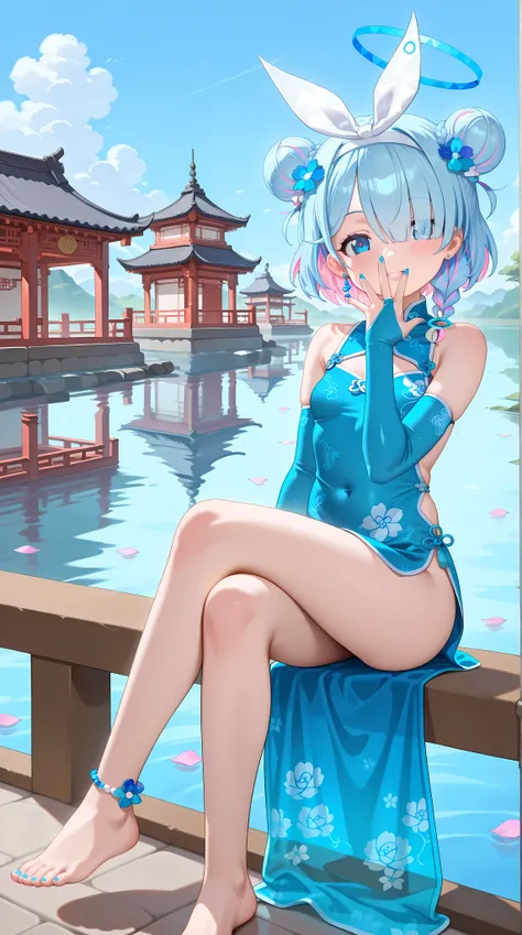 1girl,arona \(blue archive\),,colored inner hair,blue hair,pink hair,braid,short hair,blue eyes,hair over one eye,seductive smile,parted lips,barefoot, crossed_legs,see-through dress, backless dress, blue chinese clothes,sleeveless,white hairband,double bu...