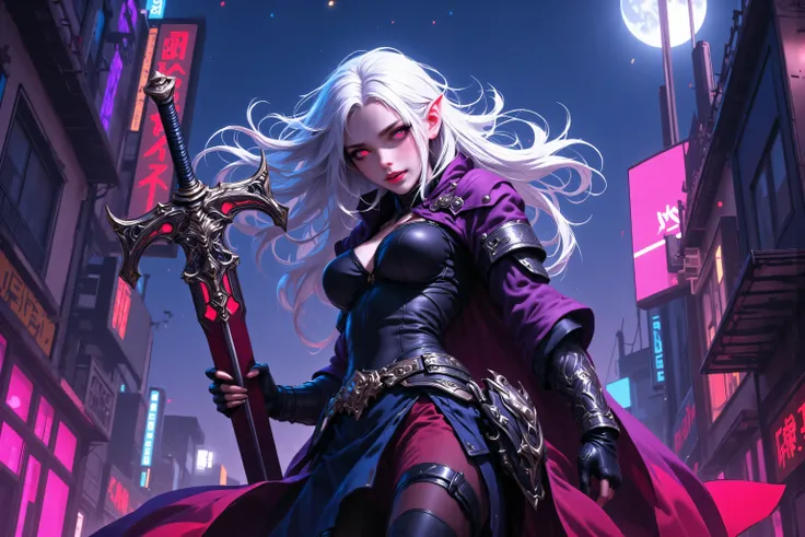 flux pro,zavy-ctcmcs,w1n,hyp3rd3tail style,fangs,a picture of a female elf vampire(intense details, Masterpiece, best quality), armed with a sword, metallic shine, dark clothes, dynamic clothing, an ultra wide shot, full body (intense details, Masterpiece,...