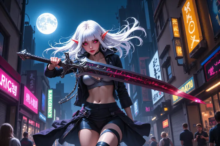 flux pro,zavy-ctcmcs,w1n,hyp3rd3tail style,fangs,a picture of a female elf vampire(intense details, Masterpiece, best quality), armed with a sword, metallic shine, dark clothes, dynamic clothing, an ultra wide shot, full body (intense details, Masterpiece,...