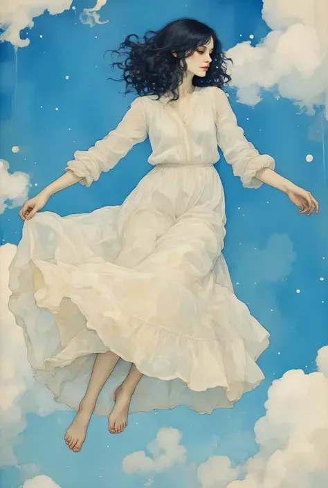 by storing a lot of air in her skirt、An energetic girl who flips over her white jumper skirt and floats in the blue sky、Clouds are right around the corner、1000 meters above the sky、long shot、top quality、Ultimate Masterpiece、Girl with beautiful eyes 、