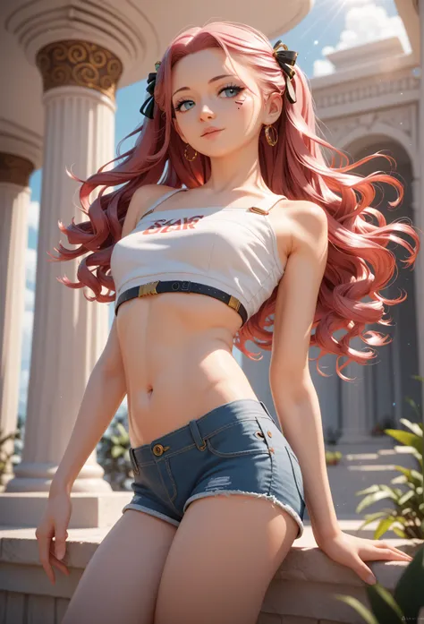 A high-quality summer portrait of a natural beauty, long flowing hair, white crop top and denim shorts, elegant pose leaning against a stone pillar, warm sunlight with bokeh effect, presented in a low-poly 16-bit isometric video game style, Cyberpunk-Stadt...