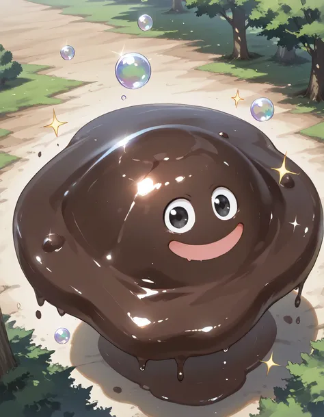 from above,looking at viewer,masterpiece,extreme detailed BREAK 1other,no humans,no_legs,day,outdoors,green tree BREAK hagurin,:D,slime \(creature\),sparkle,bubble, Made of chocolate