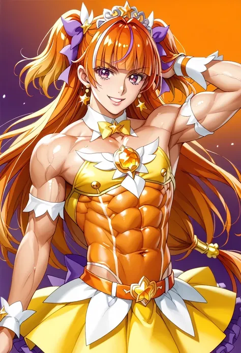 score 9 、score 8 up、score 7 up、source anime、傑作、Best quality、Best resolution、best image quality、anime coloring、anime screencap、anime screenshot、1boy、cure twinkle、(male:1.6)、man is wearing a yellow strapless dress、solo、long hair、orange hair、low tied long hai...