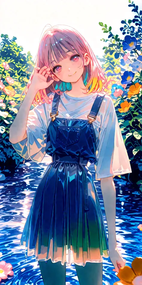 summer,Daytime,illuminated by sunlight,1girl,See-through Skirt,water色,water,Smile Yan,cute,cool,colorful,Overall view,The background is gently illuminated,Anime Chic,safe content (masterpiece, 最High Quality, High Quality, detailed background, complicated d...