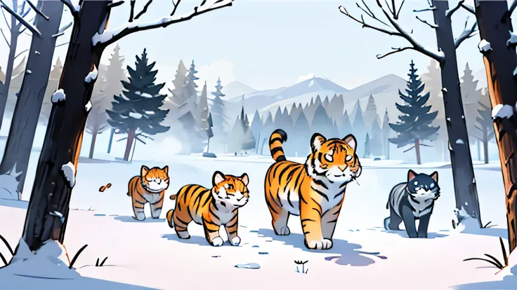dark, snowy landscape. Six (stylized shadows or animation) tiger silhouettes move slowly in frame. frosty breath, light breeze.