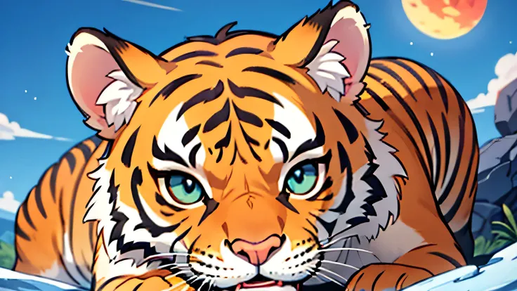 Close-up of tiger's eyes. predatory look, but a longing. Dead sun in the background (ice ball in the sky).
